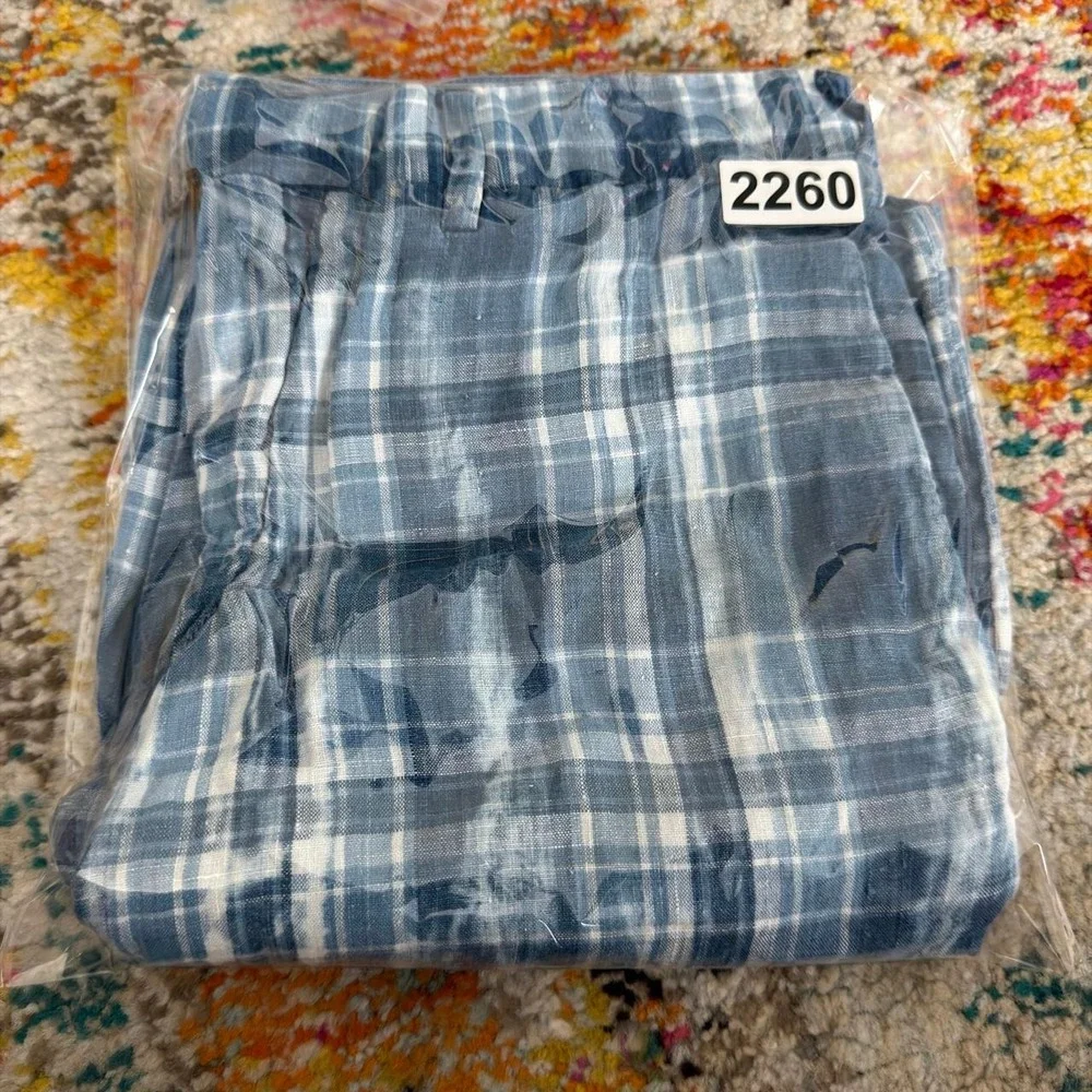 Ralph Lauren Authentic India Madras 100% Linen Plaid Shorts Blue White Mens 30W